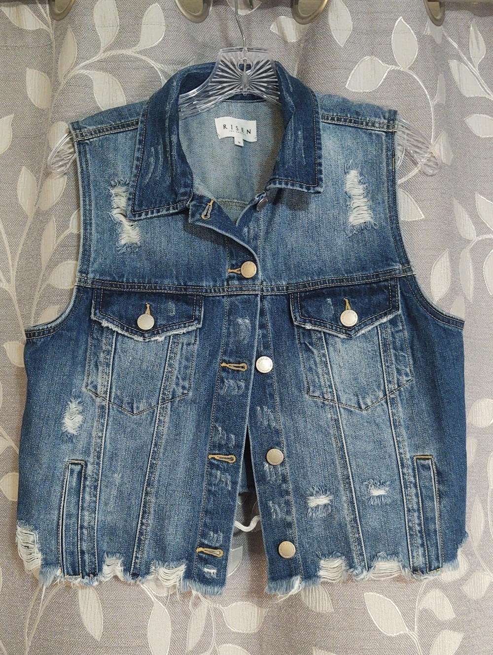 Risen Women's Distressed Blue Denim Vest Jacket size M